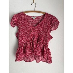 American Eagle Red Floral Smocked Peplum Top V-Neck Flutter Sleeve XL